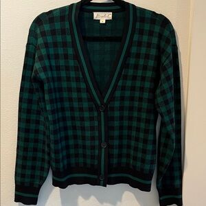 Marled Green and Black Checkered Cardigan